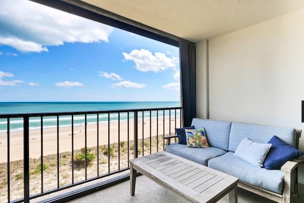 Ocean view from the covered balcony of an NC beach oceanfront rental.